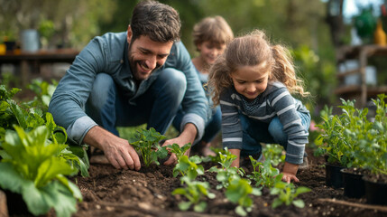 Modern happy family working together in the vegetable garden. Generative AI