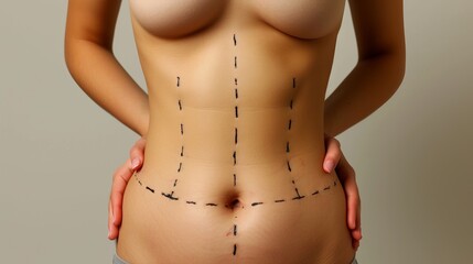 Close up of young woman s flat belly with dashed lines, pre operation   plastic surgery concept