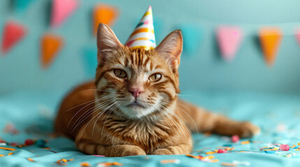 Cute ginger cat in a hat celebrates his birthday on a blue background with garlands. Generative AI