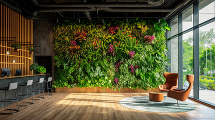 Modern eco office interior with a wall of green plants.  AI Generative