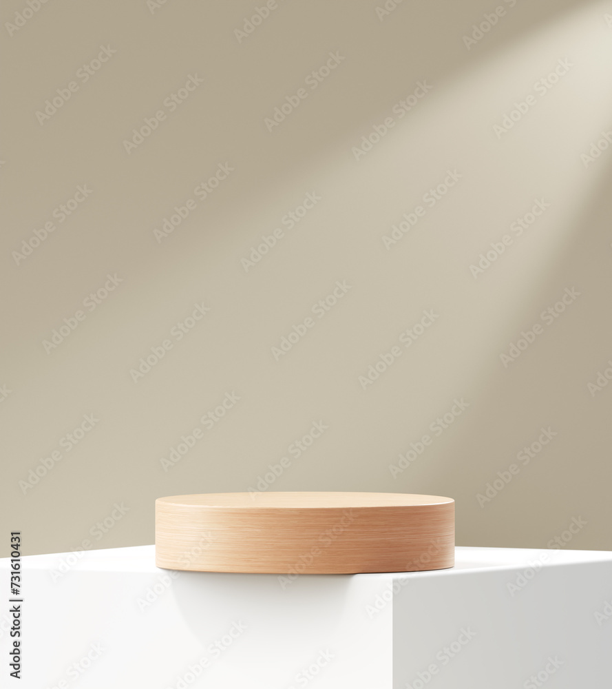 Poster White modern wood podium 3d background with empty product display stage minimal showcase platform mockup stand or luxury cosmetic advertising banner natural wooden shelf backdrop presentation studio.