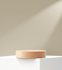 White modern wood podium 3d background with empty product display stage minimal showcase platform mockup stand or luxury cosmetic advertising banner natural wooden shelf backdrop presentation studio.