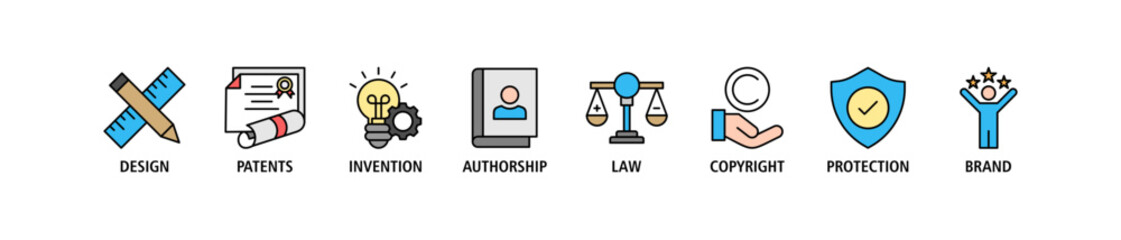 Intellectual property banner web icon set vector illustration concept for trademark with icon of design, patents, invention, authorship, law, copyright, protection, and brand