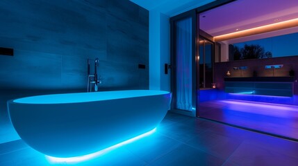 Modern and comfortable bathroom illuminated by led strips, interior design concept - obrazy, fototapety, plakaty