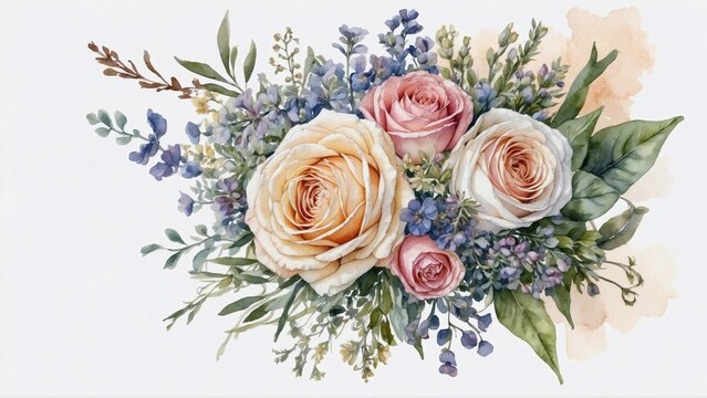 akvarel painting wedding bouquet of roses on white backdrop