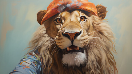 Close-up selfie portrait of a merry lion - obrazy, fototapety, plakaty
