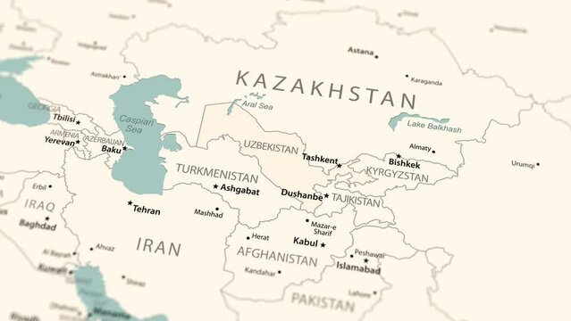 Uzbekistan on the world map. Smooth map rotation. 4K animation.
