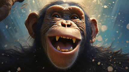 Close-up selfie portrait of a zany chimpanzee - obrazy, fototapety, plakaty