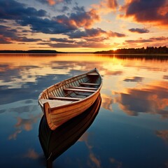 The tranquil scene of a wooden rowboat on a placid lake, with the radiant hues of sunset reflecting off the water, evokes a sense of peace and solitude