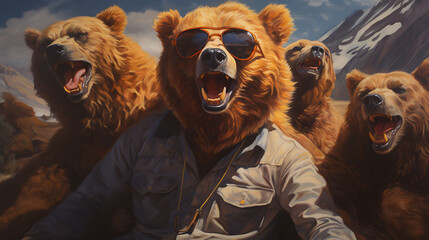 selfie portrait of a chuckle of bears wearing sunglasses. - obrazy, fototapety, plakaty