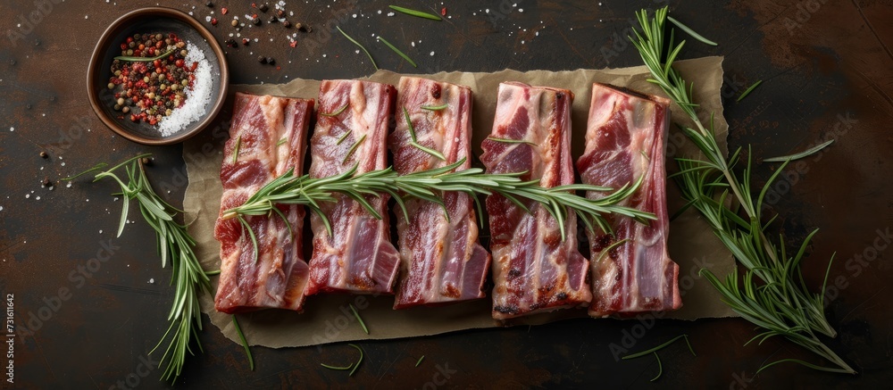 Canvas Prints Top view of rustic-style raw pork ribs seasoned with rosemary