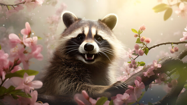 Portrait of happy raccoon rejoice with spring