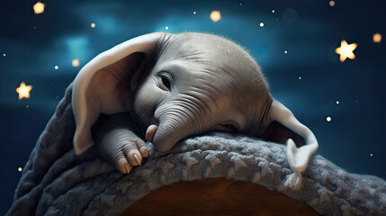 Cute Little baby Elephant animal in a sleeping hat sleeps soundly in the full moon, starry sky and clear night sky