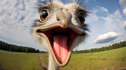 Close-up selfie portrait of a laughing ostrich - obrazy, fototapety, plakaty