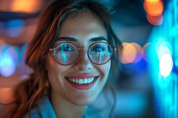 Close-up portrait of a smiling woman with colorful light reflections on her glasses