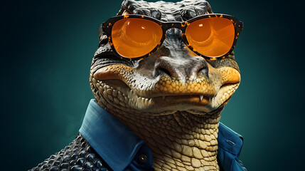 Close-up selfie portrait of a jocular crocodile wearing sunglasses