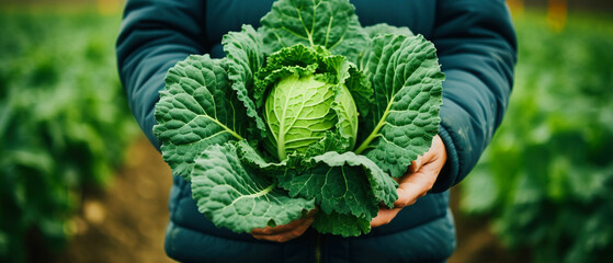 A person is holding a cabbage in their hands in a field - obrazy, fototapety, plakaty