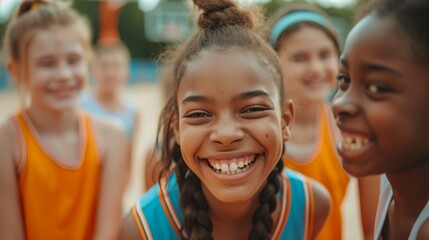 Fototapeta premium A group of happy young female athletes in basketball uniforms, smiling and enjoying their team spirit during a training session
