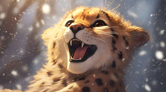 Happy Cheetah rejoices in first snow