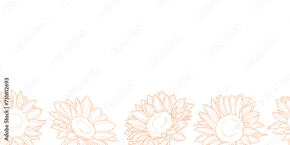 Poster sunflower vector border, seamless repeating line art floral banner design isolated