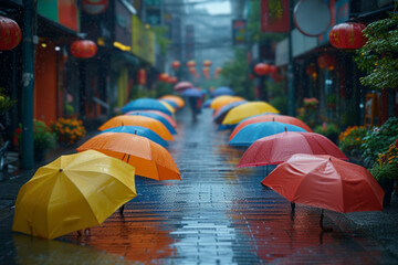 A colorful umbrella-filled street during a light spring rain, capturing the resilience and positivity of urban life in changing weather. Concept of adaptability. Generative Ai.