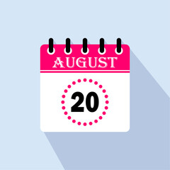 Icon calendar day - 20 August. 20th days of the month, vector illustration.