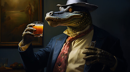 Close-up selfie portrait of a jocular crocodile with a cocktail - obrazy, fototapety, plakaty
