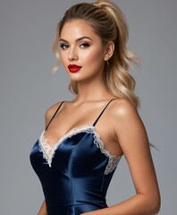 a woman in a blue dress with a red lipstick on her lips gray background 