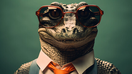 Close-up selfie portrait of a jocular crocodile wearing sunglasses - obrazy, fototapety, plakaty