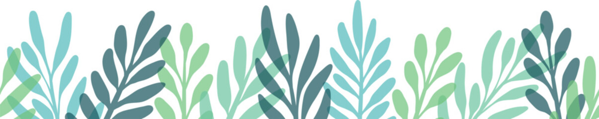 Flat leaf vector border illustration, isolated green leaves seamless repeated