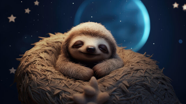 Cute Little baby sloth animal in a sleeping hat sleeps soundly in the full moon, starry sky and clear night sky