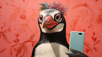 Close-up selfie portrait of a whimsical penguin