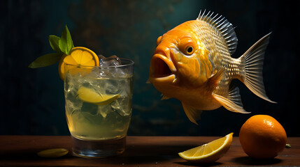 Happy chuckling sunfish with a cocktail - obrazy, fototapety, plakaty