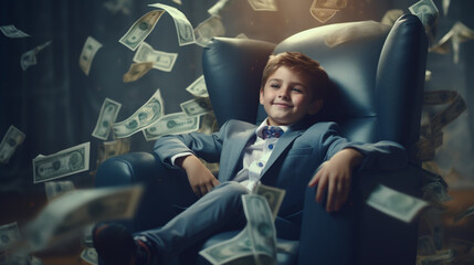 A rich boy on a chair and holds a bundle of dollars in his hands. Knowing how to make money. Money rain - obrazy, fototapety, plakaty