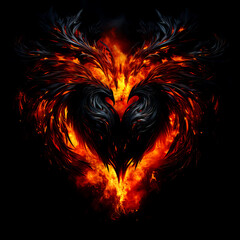 Fototapeta premium Fire heart isolated on black background. Flame symbol of love, intense emotions, passion. Gift for Valentine's Day