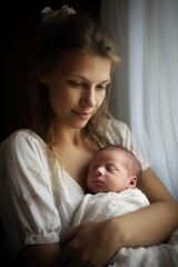 Fototapeta na wymiar a young woman in bed holding her newborn baby