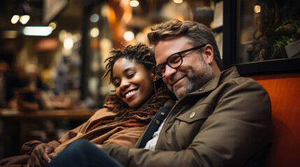 Fototapeta premium literature cafe with man and cute girl. interracial couple in library. student life in university. date or meeting