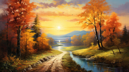 autumn road with river view and pastoral landscape in the countryside at summer morning sunset in bright orange and dark emerald style art created with Generative AI Technology