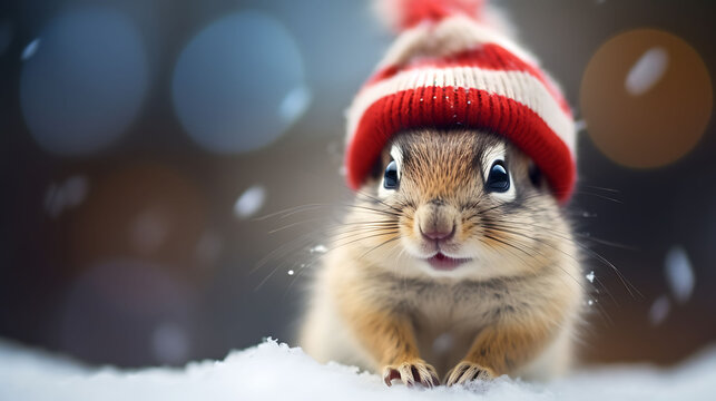 Portrait of a chipmunk in Santa hat. Christmas background.