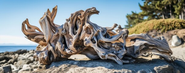 Weathered Driftwood Sculpture by the Sea