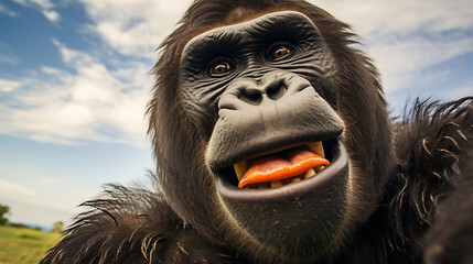Close-up selfie portrait of a playful gorilla