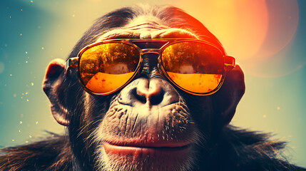 Close-up selfie portrait of a zany chimpanzee wearing sunglasses - obrazy, fototapety, plakaty