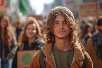 A photograph capturing the intensity of a climate change rally, with protesters holding signs and banners advocating for environmental action. Concept of collective climate activism. Generative Ai.