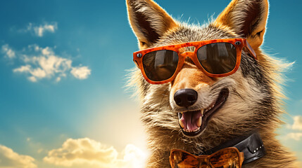 selfie portrait of a jolly coyote wearing sunglasses - obrazy, fototapety, plakaty