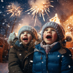 Starlit Amazement: A Child's First Glimpse of New Year's Fireworks
