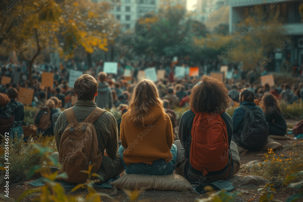 Poster a dynamic shot of activists engaging in a sit-in protest, peacefully occupying public spaces to draw