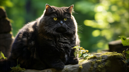 Naklejka na ściany i meble Fat Black Cat on a Stone