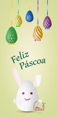 Happy Easter card with traditional Easter symbols, rabbit, painted eggs and Portuguese text Feliz Pascoa, vector drawing, portrait orientation, vertical design, illustration.
