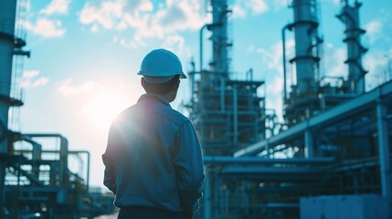 An engineer in a hard hat overlooking an industrial complex at sunrise, representing progress, oversight, and the future of industry.