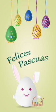 Happy Easter card with traditional Easter symbols, rabbit, painted eggs and Spanish text Felices Pascuas, vector drawing, portrait orientation, vertical design, illustration.